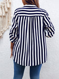 Plus Size Striped Print Blouse - Relaxed-Fit V Neck Roll Tab Sleeve Design for Everyday Comfort - Perfect for Spring, Womens Confident Clothing