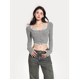 goosudu Gwen Fake Two Piece Halter Long-sleeved Button Up Slim Cropped Top