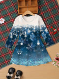 Kids' Festive Snowflake Print Long Sleeve Dress, Casual Christmas Applique Tunic, Polyester Knit Knee High with Slight Stretch, Holiday Party Knee-Length Dress for Ages 3-12