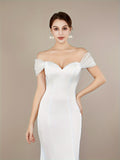 Long Sleeveless Elegant Off the Shoulder Floor Length Mermaid Bodycon Wedding Dress with Chest Pad and Contrast Mesh - Polyester Made, Hand Washable, and Perfect for Womens Formal Occasions