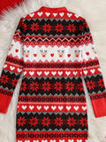 Girls Christmas Style Reindeer & Snowflake Stripe Pattern Mock Neck Long Sleeve Dress, Suitable For Christmas And New Year Outdoor Wear