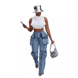 Goosudu High Waist Blue Smart Patch Pocket Jeans