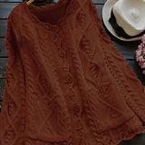 Plus Size Solid Cable Knit Button Front Cardigan, Elegant Scallop Hem Pocket Long Sleeve Knitted Cardigan, Women's Plus Size Clothing