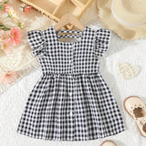 Girls Charming Gingham Ruffle Sleeve Dress Shirt - Fashionable Square Neck, Lettuce Trim, Non-Stretch Woven Fabric, Machine Washable, Perfect for Summer Picnic Outfits and Casual Occasions