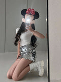 goosudu Alexa Silver Chic Shiny Sequined High-Waisted Slim High Waist Mini Skirt