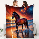 Coastal Horse Print Soft Fleece Blanket - All Seasons, Machine Washable, Animal Theme, Multi-Purpose, Knit Cover, Polyester Material