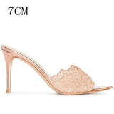 New High-Heeled Women's Stiletto Party Slippers Sexy Comfortable Champagne Gold Embroidered Slides Kq8