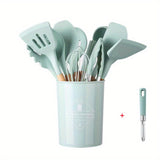 1Set Kitchen Utensil Set, Silicone Cookware Set, 12 Pieces Silicone Kitchen Utensil Set, Wooden Cooking Utensils, Kitchen Gadgets, Silicone Cutlery Set, Kitchen Tools With Storage Bucket