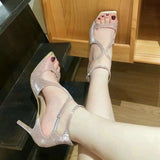 Summer A Line With Sexy Open Toe For Women New Cross Sequin Square Sandals Fashion High Heels Kq8