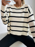 NEW EZwear Women Sports Leisure Round Neck Black And White Striped College Style Sweater Pullover