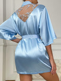 Elegant Satin Solid Contrast Lace Night Robe, Three Quarter Sleeve V Neck Robe With Belt, Women's Sleepwear & Dresses For Fall & Winter