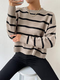 NEW EZwear Women Sports Leisure Round Neck Black And White Striped College Style Sweater Pullover