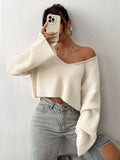 NEW EZwear Solid Drop Shoulder Crop Ribbed Knit Sweater