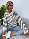 NEW Frenchy Striped Drop Shoulder Button Front Sweater