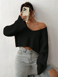 NEW EZwear Solid Drop Shoulder Crop Ribbed Knit Sweater