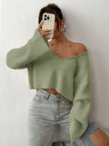 NEW EZwear Solid Drop Shoulder Crop Ribbed Knit Sweater