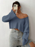 NEW EZwear Solid Drop Shoulder Crop Ribbed Knit Sweater