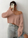 NEW EZwear Solid Drop Shoulder Crop Ribbed Knit Sweater