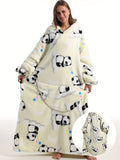 Cozy Plus Size Panda Pattern Fluffy Fleece Hooded Wearable TV Blanket Robe - Women's Plus Flannel Loungewear with Pockets for Ultimate Relaxation and Comfort