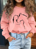 Vibrant Girl Kissing Horse Silhouette Print Crew Neck Long Sleeve Sweatshirt - Soft, Trendy, Casual, Comfortable, Versatile Top for Autumn & Winter - Unique Gift Idea for Horse Lovers, Teens, and Girls