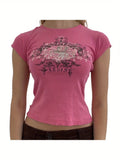 Womens Casual Short Sleeve T-shirt Vintage Printing Round Neck Exposed Navel Slim Fit Tops