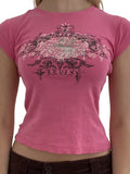 Womens Casual Short Sleeve T-shirt Vintage Printing Round Neck Exposed Navel Slim Fit Tops