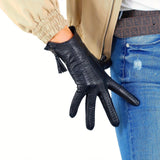 DooWay Women Black TECH GLOVES Handmade Real Leather Wrist Short Zipper Fringe Tassel Winter Warm Costume Fashion Evening Party Cycling Driving Glove