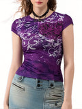 Womens Casual Short Sleeve T-shirt Vintage Printing Round Neck Exposed Navel Slim Fit Tops