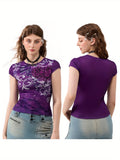 Womens Casual Short Sleeve T-shirt Vintage Printing Round Neck Exposed Navel Slim Fit Tops