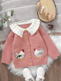 6M-3T Adorable Rooster Embroidery Toddler Baby Girl Sweater Cardigan - Soft Long Sleeve Button Down Top with Doll Collar for Fall Winter - Perfect for Casual Daily Wear and Special Occasions