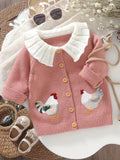 6M-3T Adorable Rooster Embroidery Toddler Baby Girl Sweater Cardigan - Soft Long Sleeve Button Down Top with Doll Collar for Fall Winter - Perfect for Casual Daily Wear and Special Occasions