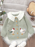 6M-3T Adorable Rooster Embroidery Toddler Baby Girl Sweater Cardigan - Soft Long Sleeve Button Down Top with Doll Collar for Fall Winter - Perfect for Casual Daily Wear and Special Occasions