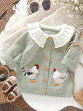 6M-3T Adorable Rooster Embroidery Toddler Baby Girl Sweater Cardigan - Soft Long Sleeve Button Down Top with Doll Collar for Fall Winter - Perfect for Casual Daily Wear and Special Occasions