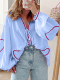 Women Long Sleeve Shirts Heart Embroidery Plaid Front Bowknot Tie-Up Blouses Fashion Spring Summer Casual Tops