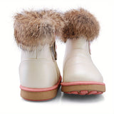 Toddler Girls Cartoon Pattern Snow Boots with Faux Fur - Hook and Loop Closure, PU Upper, Rubber Sole, No Insole, Unlined - Under 14 Outdoor Winter Footwear