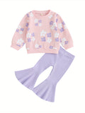 0-5Y Toddler Kids Girl Clothes Sets 2pcs Long Sleeve Floral Print Pullover Sweatshirts Tops + Flare Pants