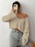 NEW EZwear Solid Drop Shoulder Crop Ribbed Knit Sweater