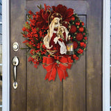 1pc Christmas Red Wreath Wooden Hanging Sign With Religious Ornaments Print Berry Cluster Bow Wreath Pattern Hanging Sign Front Door Sign Front Door Window Wall Hanging Wooden Flat Plank Blocks, Artificial Topiaries