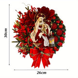 1pc Christmas Red Wreath Wooden Hanging Sign With Religious Ornaments Print Berry Cluster Bow Wreath Pattern Hanging Sign Front Door Sign Front Door Window Wall Hanging Wooden Flat Plank Blocks, Artificial Topiaries