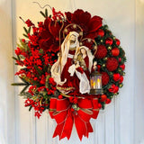 1pc Christmas Red Wreath Wooden Hanging Sign With Religious Ornaments Print Berry Cluster Bow Wreath Pattern Hanging Sign Front Door Sign Front Door Window Wall Hanging Wooden Flat Plank Blocks, Artificial Topiaries