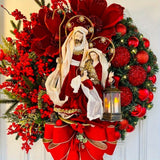 1pc Christmas Red Wreath Wooden Hanging Sign With Religious Ornaments Print Berry Cluster Bow Wreath Pattern Hanging Sign Front Door Sign Front Door Window Wall Hanging Wooden Flat Plank Blocks, Artificial Topiaries