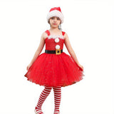 Santa Christmas Costume, Sleeveless Tulle Patchwork A-Line Dress + Long Stocking + Headband/Hat Cosplay Clothes