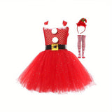 Santa Christmas Costume, Sleeveless Tulle Patchwork A-Line Dress + Long Stocking + Headband/Hat Cosplay Clothes