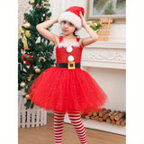 Santa Christmas Costume, Sleeveless Tulle Patchwork A-Line Dress + Long Stocking + Headband/Hat Cosplay Clothes