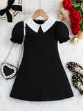 Girls Glamorous Pearl Beaded Collar Dress with Flirty Puff Sleeves - Comfortable Regular Fit, Chic Knee-Length for Stylish Summer Adventures - Timeless Elegance for Little Fashionistas