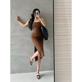 goosudu Bianca Solid Color Sleeveless Creased Wrapped Side Slit Slim Midi Dress