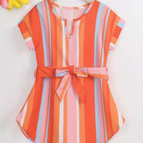 Toddler Girls Vertical Striped Curved Hem Notched Neck Belted Dress For Party Beach Vacation Kids Summer Clothes