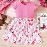 Knee-High Ruffled Sleeve Fitted Flamingo Graphic Dress for Girls - Cute Polyester Summer Party Outfit with Medium Stretch and Crew Neck - Perfect Gift for Little Ones