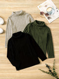 3-Piece Set Girls' Cozy Rib-Knit Long Sleeve Turtle Neck Pullovers - Soft, Versatile, and Casual for Fall & Winter - Solid Colored, Ribbed Cuffs, and Hem for a Comfortable Fit