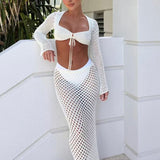 Goosudu  Sexy Hollow Out See Through Two Piece Set Sliver O-neck Long Sleeve Crop Top Leggings Streetwear Mesh Patchwork Women Outfits